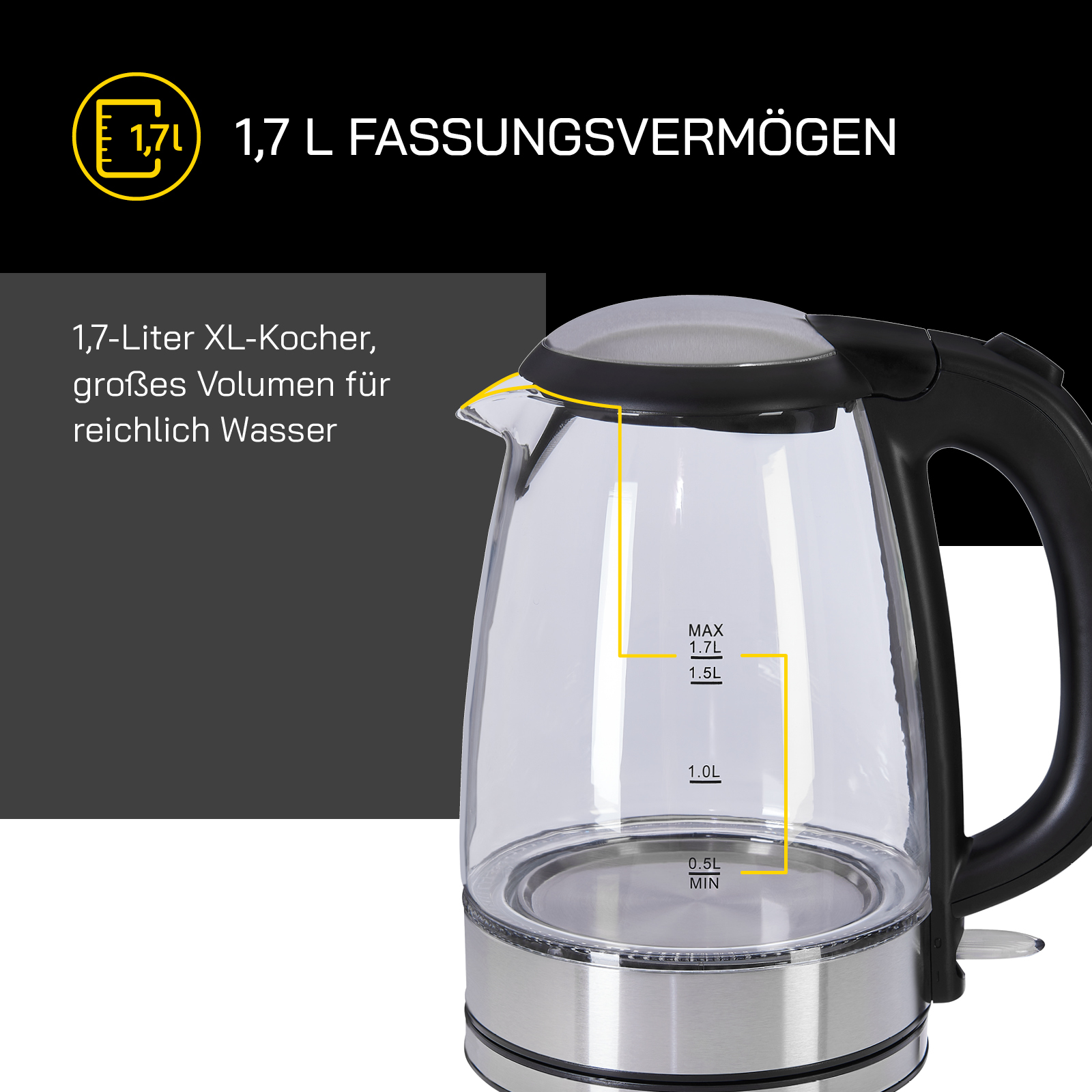 Elektrischer Glaskessel mit schwarzem Griff, Wasserstandsanzeige und Text zur Kapazität.