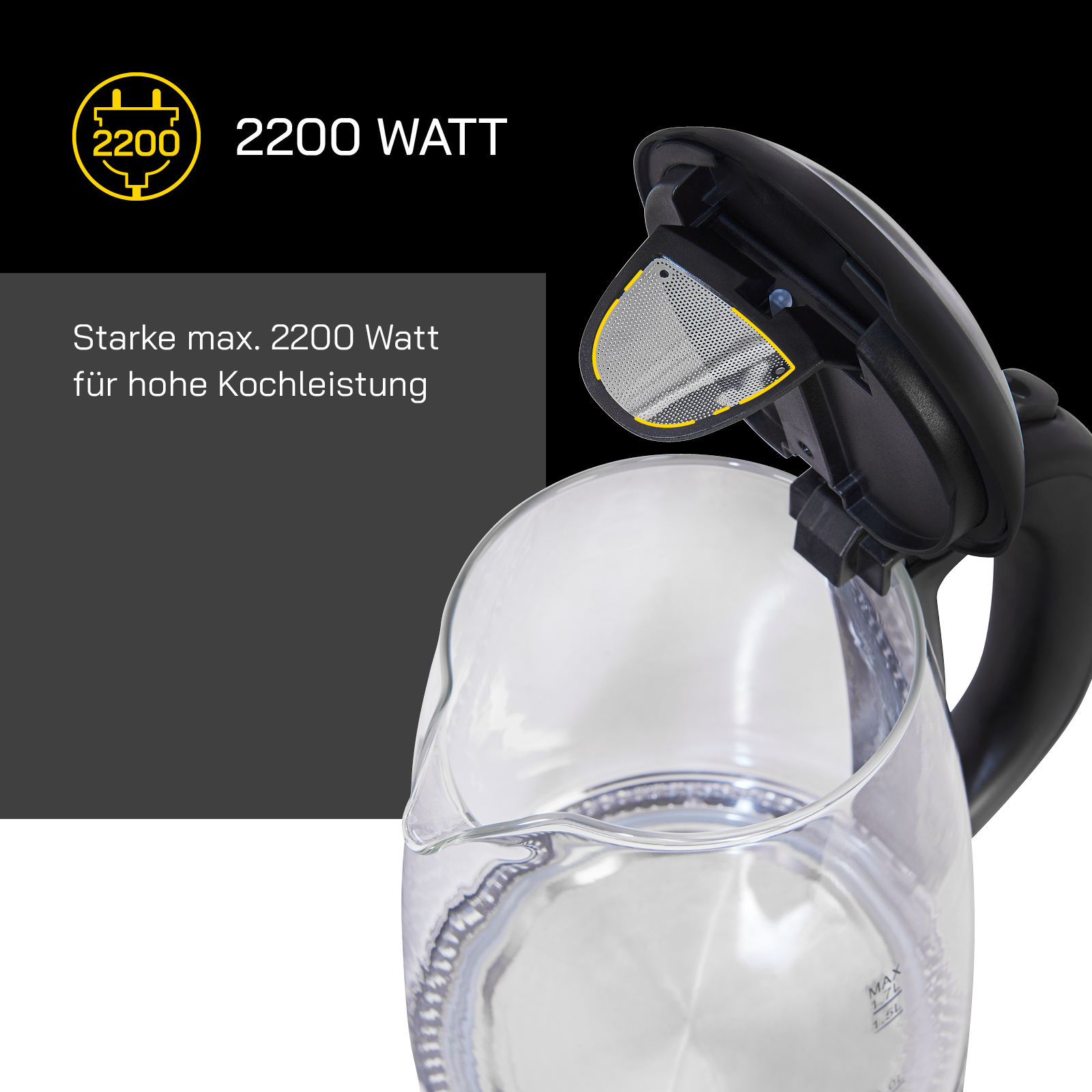 GUTFELS WATER 4010 Wasserkocher, Schwarz-Glas