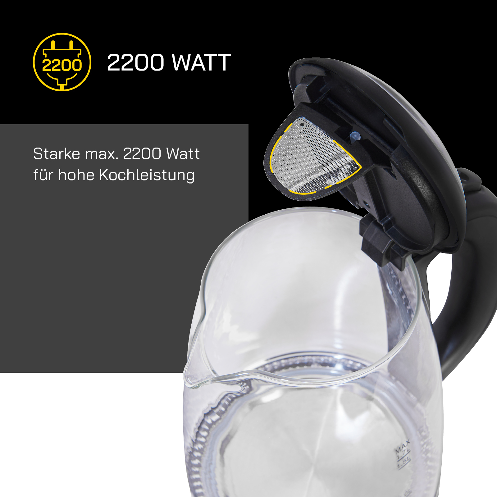 Ein klarer elektrischer Wasserkocher mit schwarzem Deckel und Griff, weißer Hintergrund.