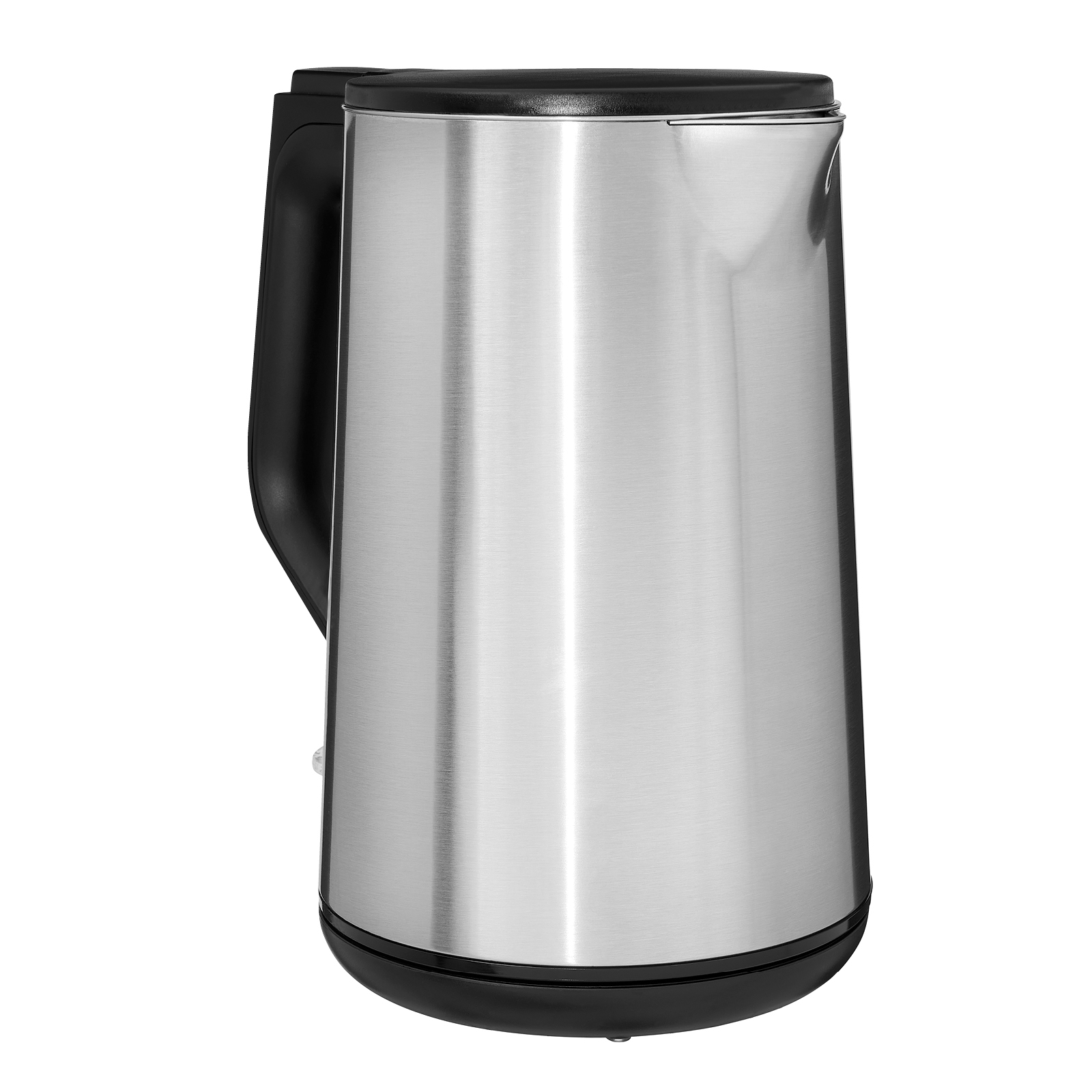 Ein silberner Wasserkocher mit schwarzem Griff und Boden, freigestellt auf weißem Hintergrund.