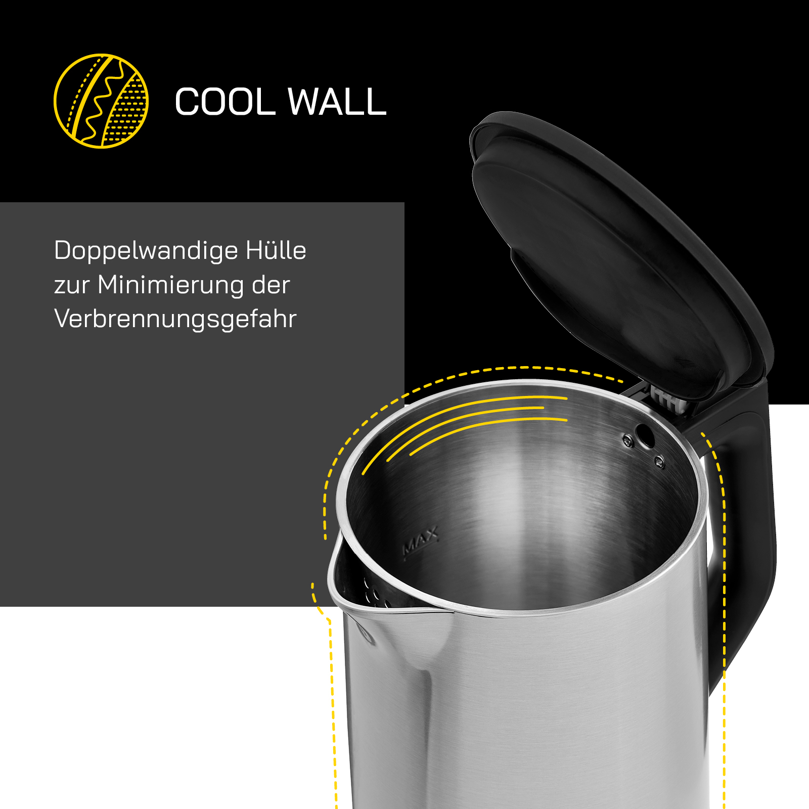 Wasserkocher aus Edelstahl mit offenem schwarzem Deckel. Text erwähnt 'COOL WALL'. Der Wasserkocher steht auf weißem Hintergrund.