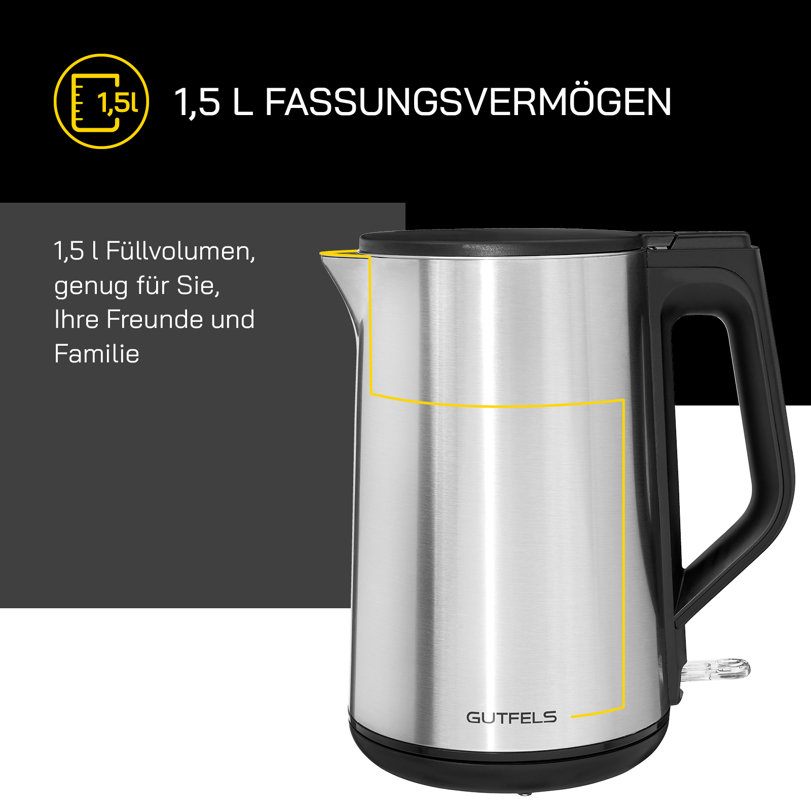 Elektrischer Wasserkocher aus Edelstahl mit schwarzem Griff, beschriftet mit 1,5L Fassungsvermögen. Wasserstandsanzeige.