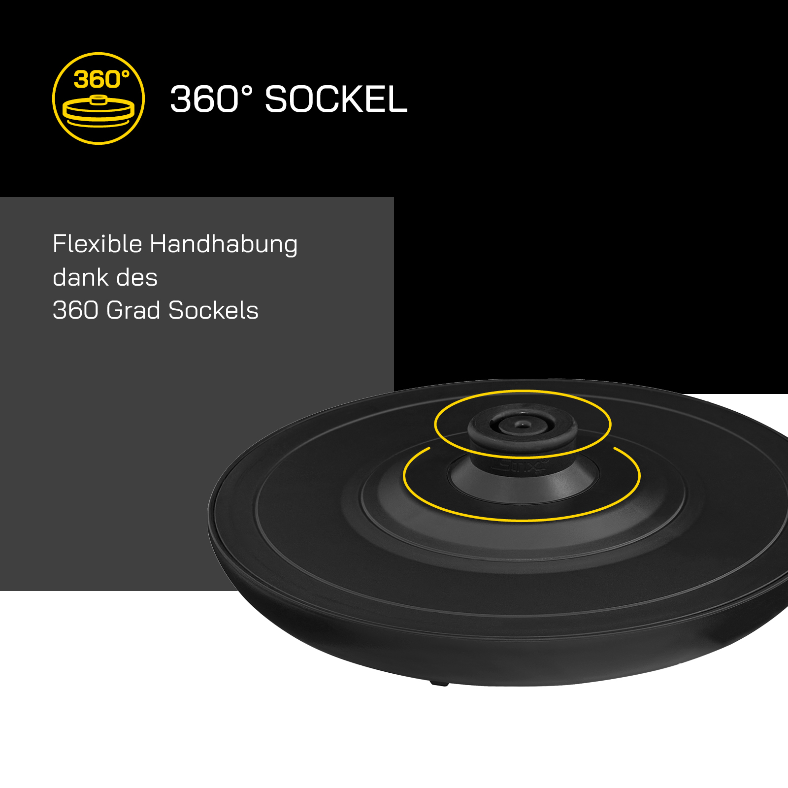 Schwarzer Wasserkocherfuß mit kreisförmigem Design. Eine gelbe Linie hebt die 360°-Sockelfunktion hervor.