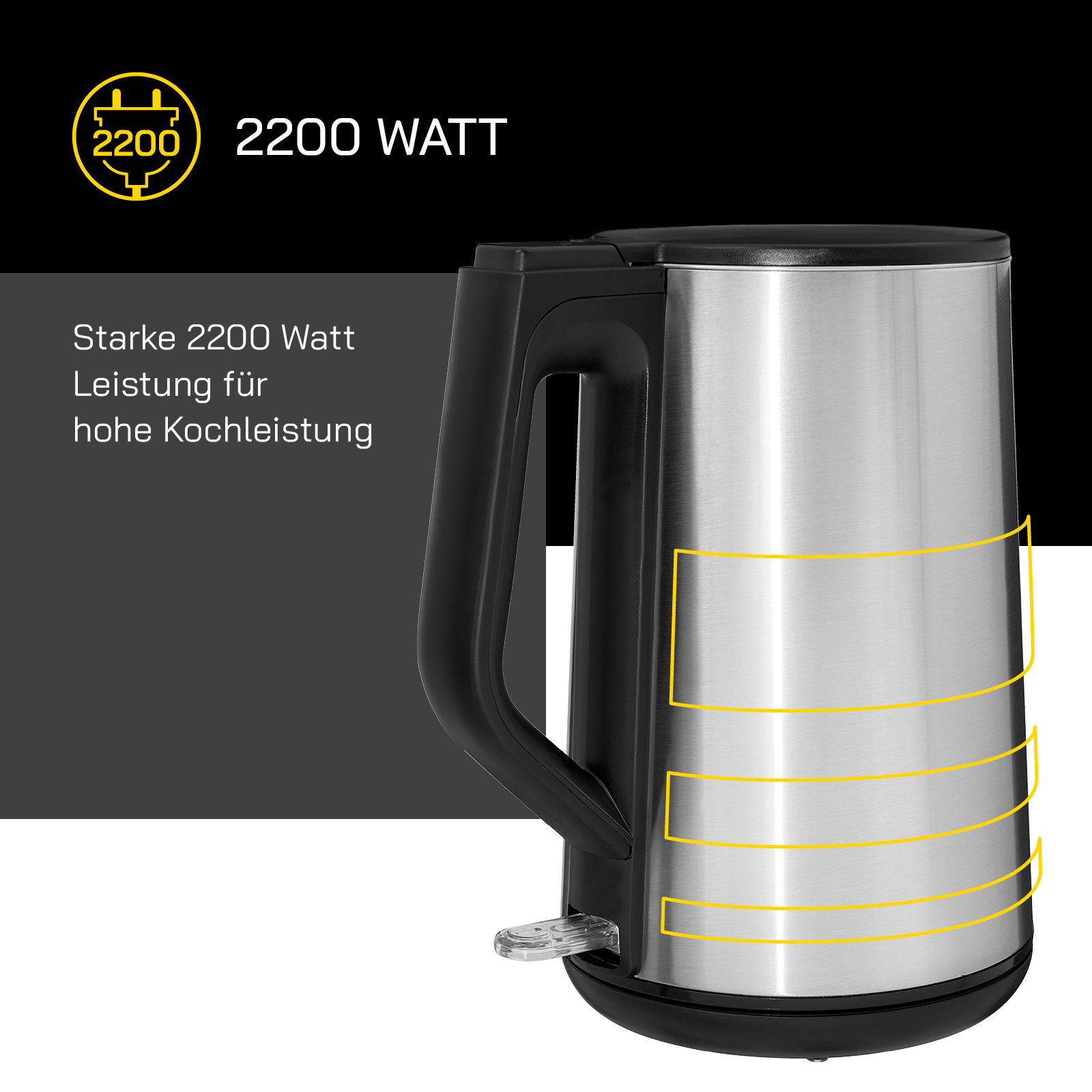 Elektrischer Wasserkocher aus Edelstahl mit schwarzem Griff, gelben Linien und 2200 Watt Text.