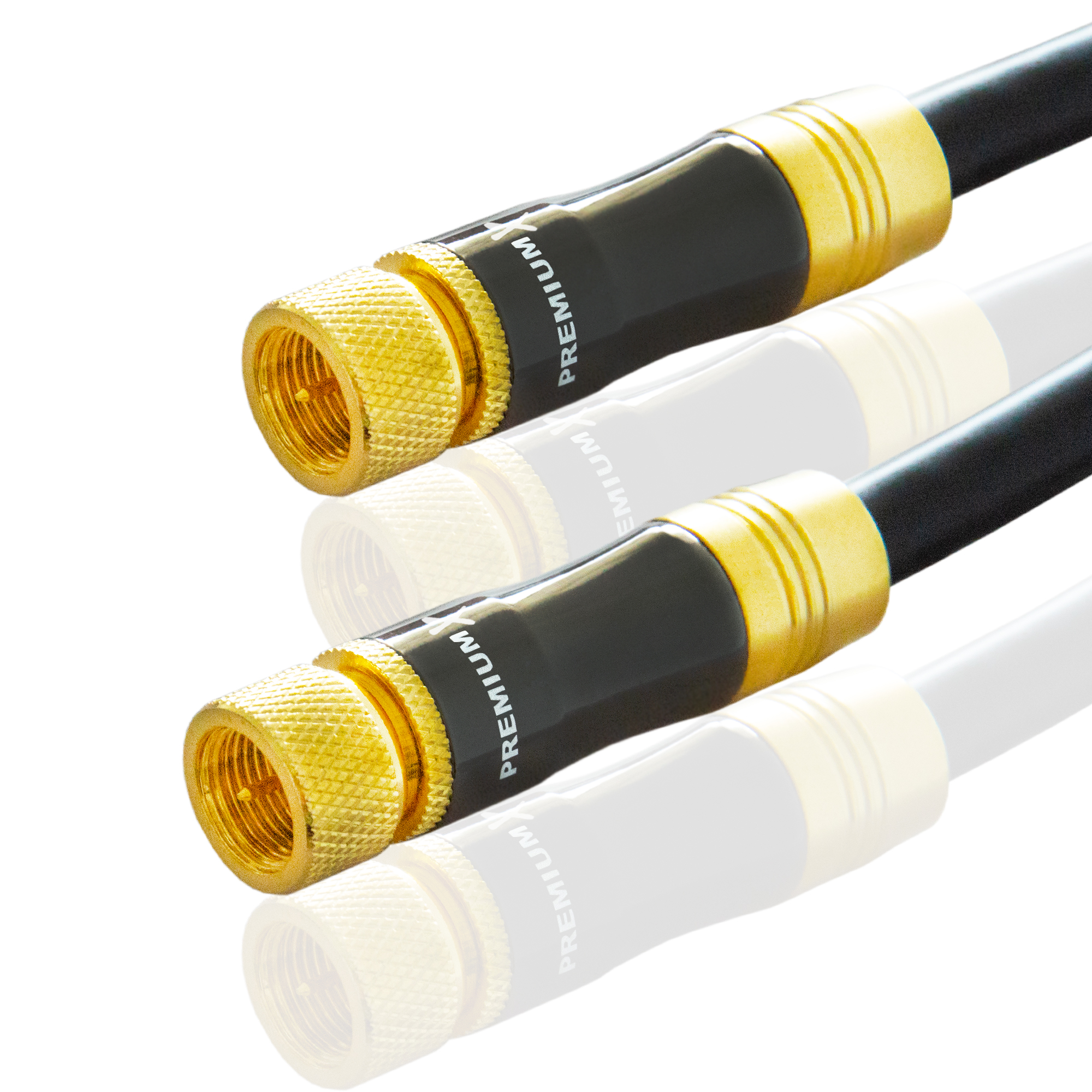 Zwei schwarze Koaxialkabel. Goldene Stecker mit 'PREMIUM'-Text. Weißer Hintergrund mit verschwommenen Reflexionen.
