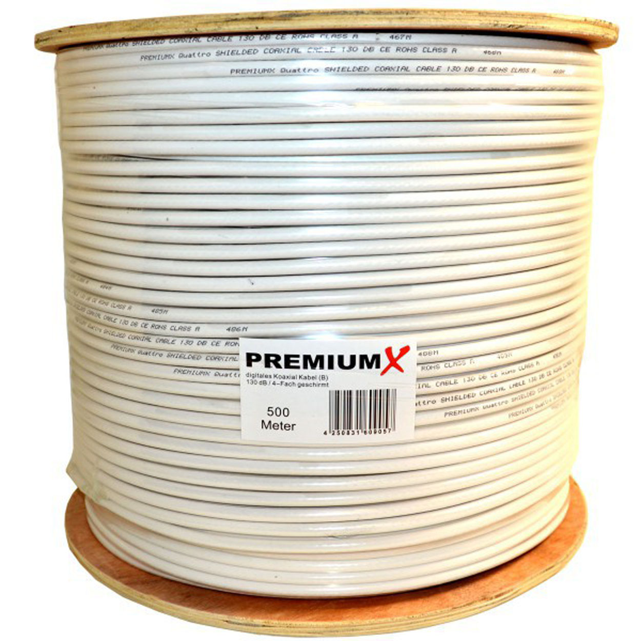 PREMIUMX 500m BASIC 135dB 4-fach SAT Koax Kabel F-Stecker 50x Antennenkabel Koaxialkabel