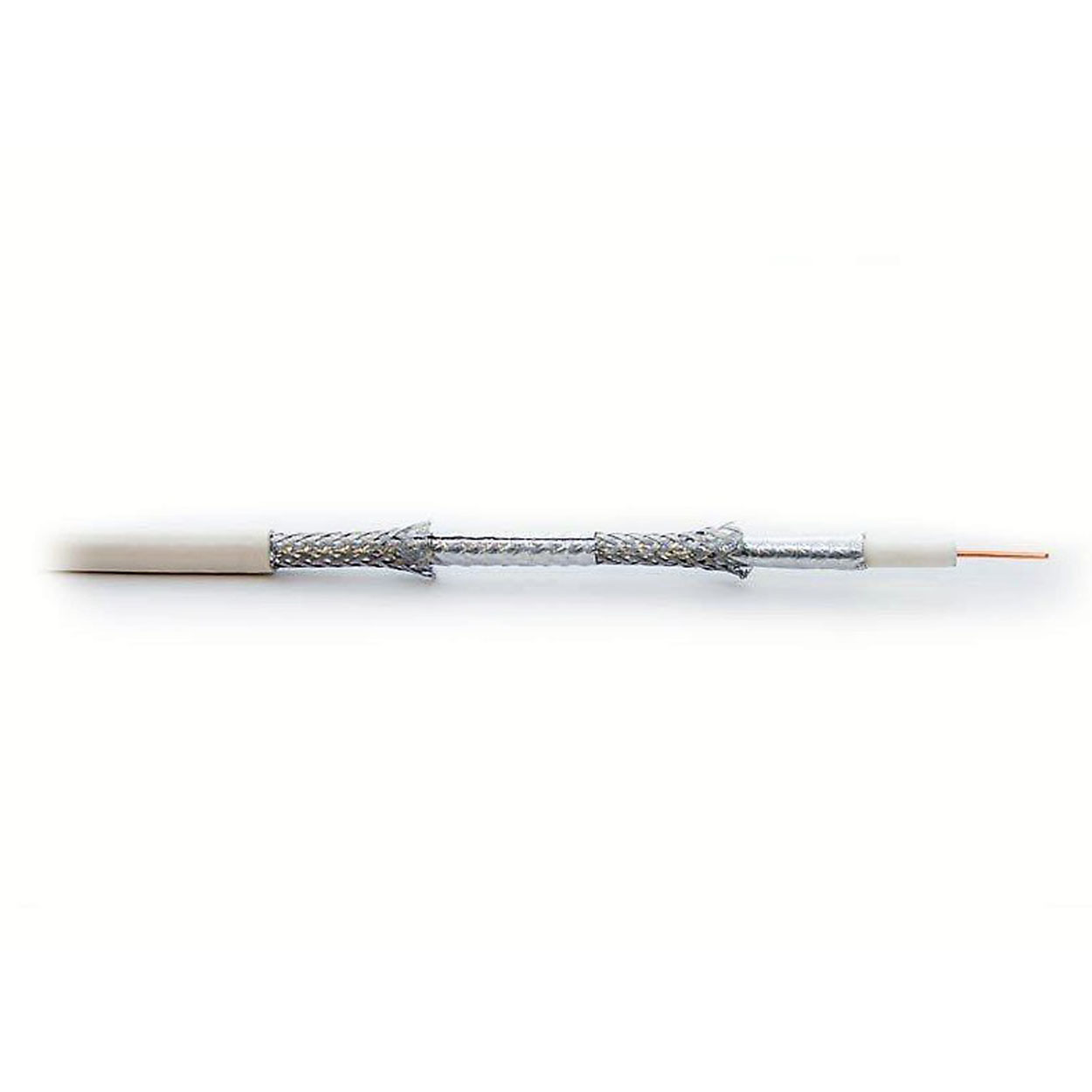 Koaxialkabel aufgeschnitten. Das Kabel ist weiß mit metallischen und kupfernen Innenteilen.