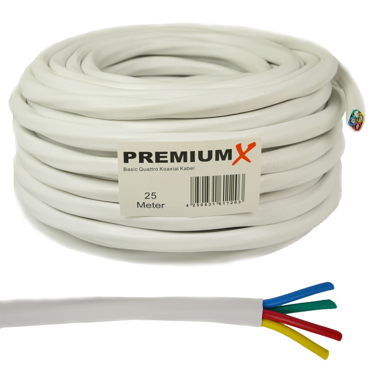 PREMIUMX 25m Basic Quattro Quad 90dB Kabel 16x SAT Antennenkabel Koaxial F-Stecker Weiß