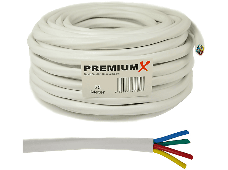 PREMIUMX 25m Basic Quattro Koaxial SAT Kabel 90dB 2-Fach geschirmt Weiß Antennenkabel