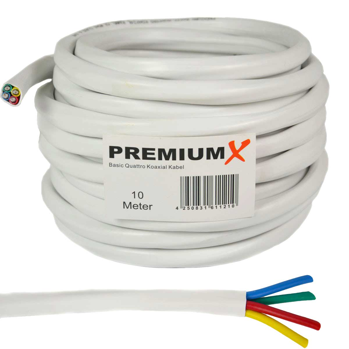 PREMIUMX 10m Basic Quad Weiß F-Stecker Kabel SAT Antennenkabel Koaxial 90dB 8x Quattro