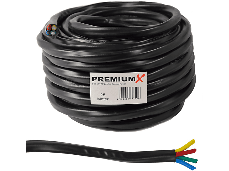 PREMIUMX 25m Basic PRO 90dB Koaxial Kabel Quattro Antennenkabel SAT 2-Fach Schwarz