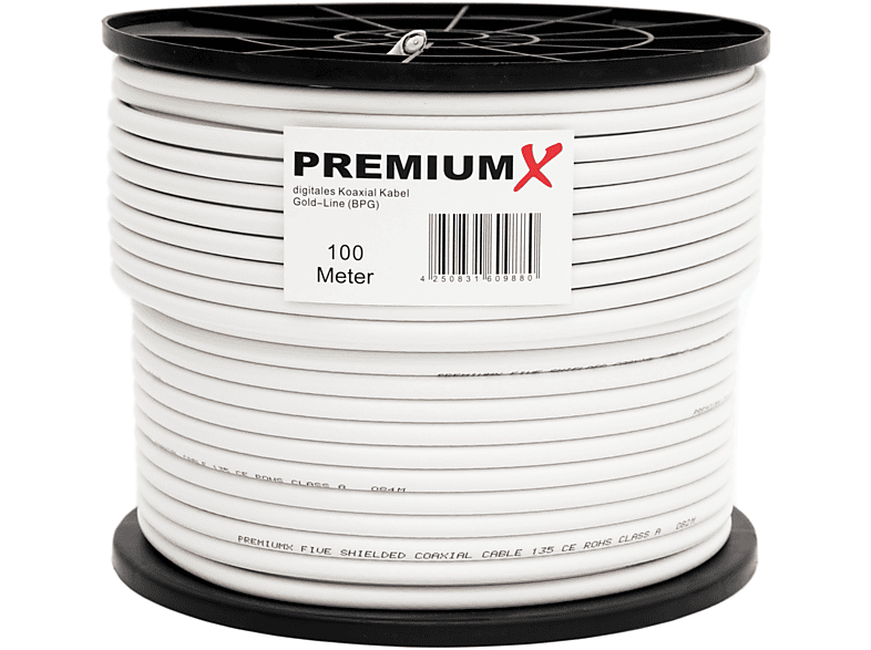 PREMIUMX 100m BASIC PRO Gold-Line Koaxialkabel 135dB 5-Fach geschirmt SAT Antennenkabel Antennenkabel | Antennenkabel