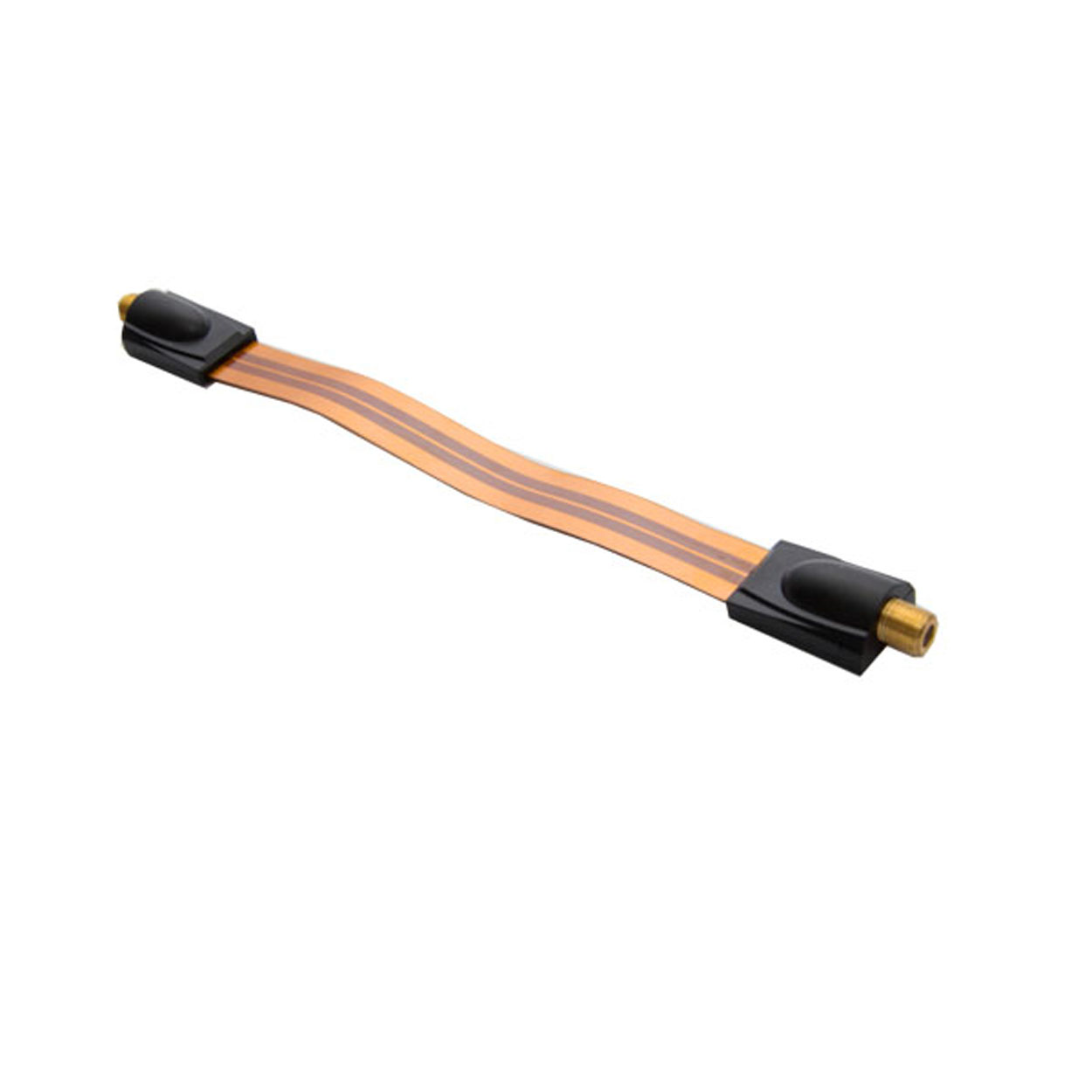 Flexibles Flachkabel mit schwarzen Steckern an jedem Ende. Das Kabel ist orange und braun.