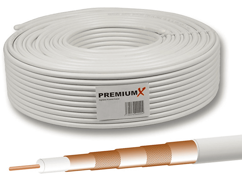 50 Meter Koaxialkabel PremiumX DELUXE – 130dB, 4-fach Geschirmt, Reines Kupfer, Inkl. 20x F-Stecker