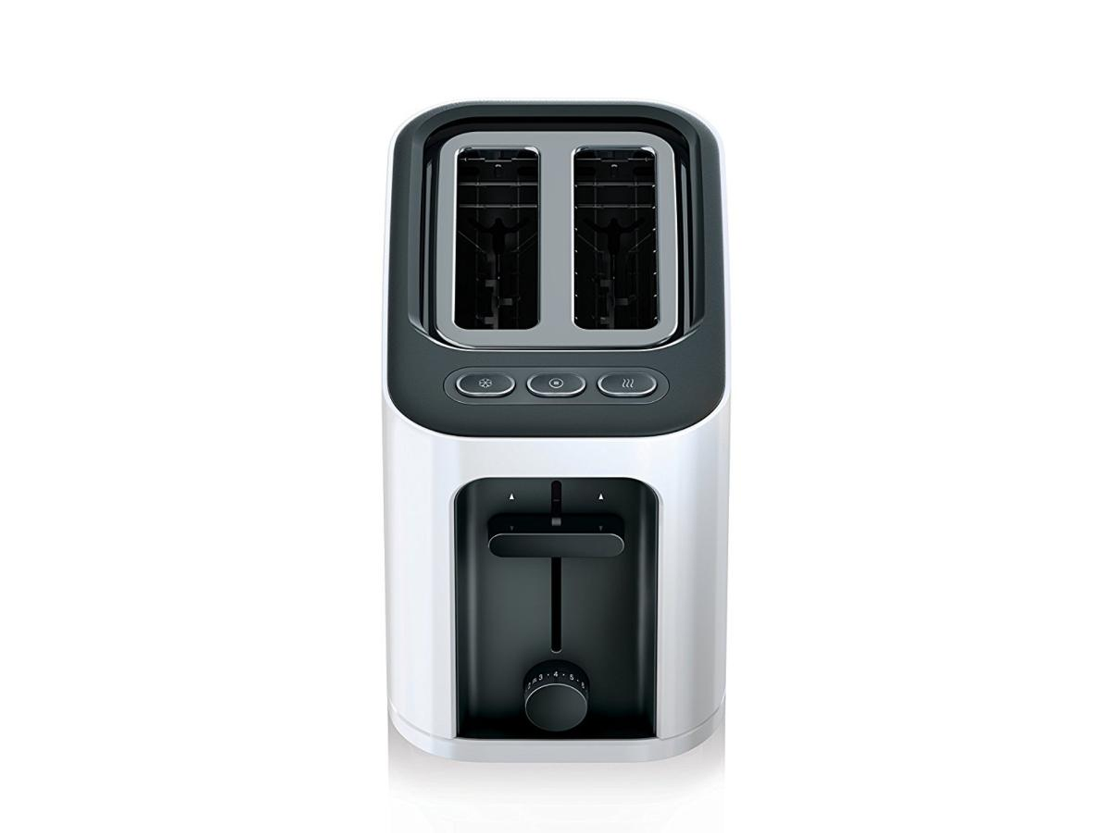 Biało-czarny toster z dwoma otworami, przyciskami sterowania i dźwignią, na białym tle.