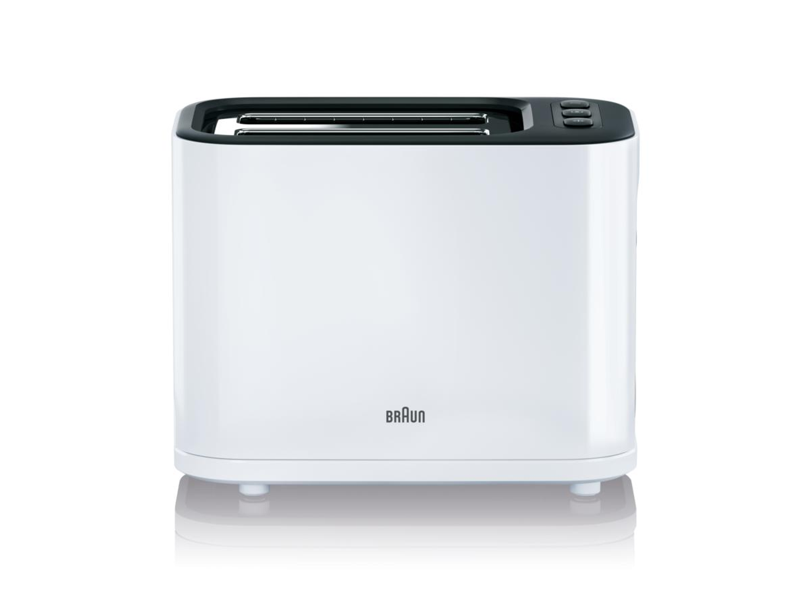 Biały toster. Ma czarny wierzch z przyciskami. Widoczna nazwa marki 'Braun'. Białe tło.