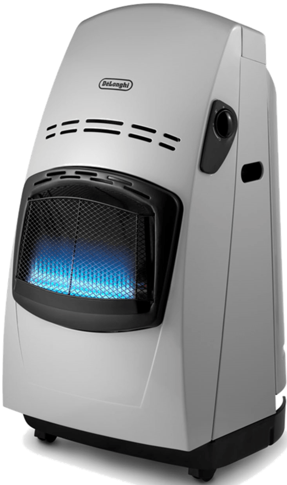 Un riscaldatore a gas DeLonghi grigio chiaro, con una fiamma blu dietro una rete nera.