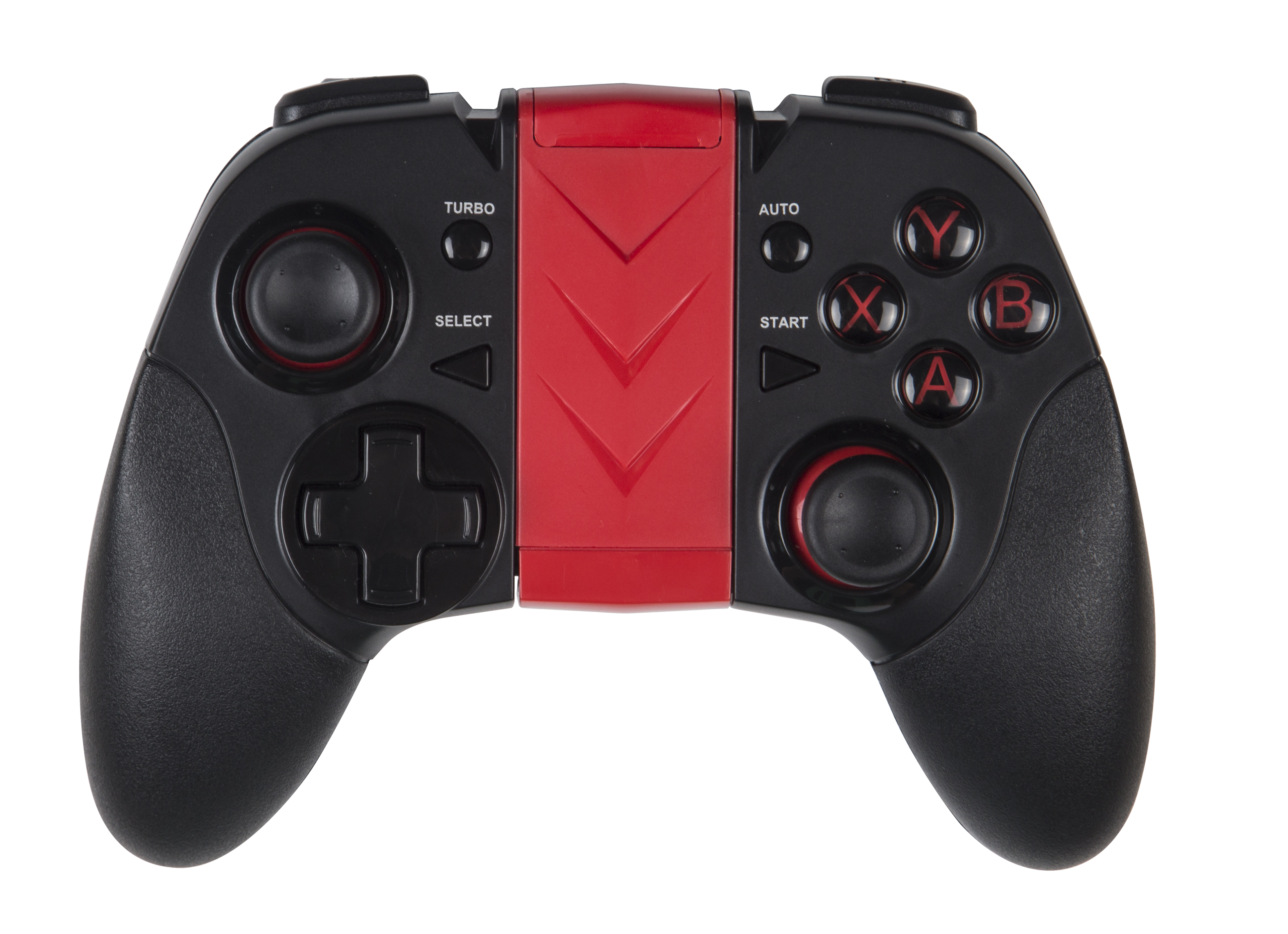 Schwarzer und roter Gamepad-Controller. Hat Knöpfe und Steuerknüppel.