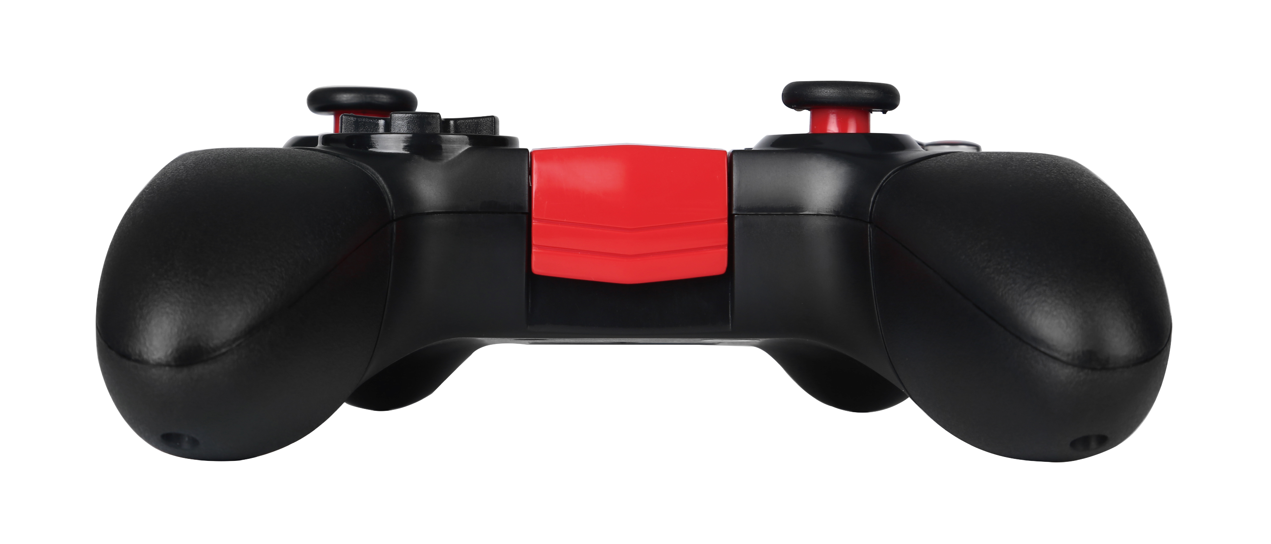 Ein schwarzer und roter Gamecontroller, von vorne betrachtet, isoliert auf weißem Hintergrund.