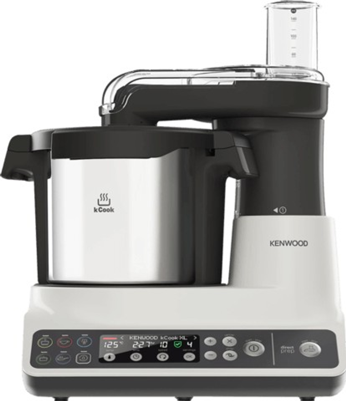 Procesador de alimentos con base blanca, parte superior negra y cuenco de acero inoxidable. La marca Kenwood es visible.