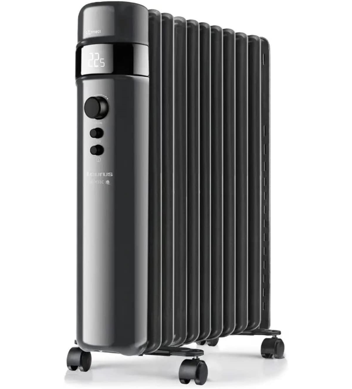 Schwarzer Ölradiator mit Display, Bedienfeld und Rollen.