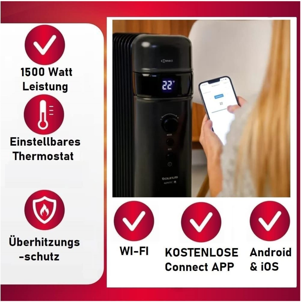 Schwarzer Heizkörper mit Display und Häkchen für Funktionen wie WLAN und App-Unterstützung.