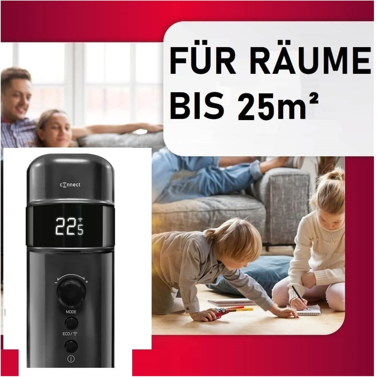 Ein schwarzer Heizkörper mit Digitalanzeige und eine Familie im Hintergrund. Text: Für Räume bis 25m².
