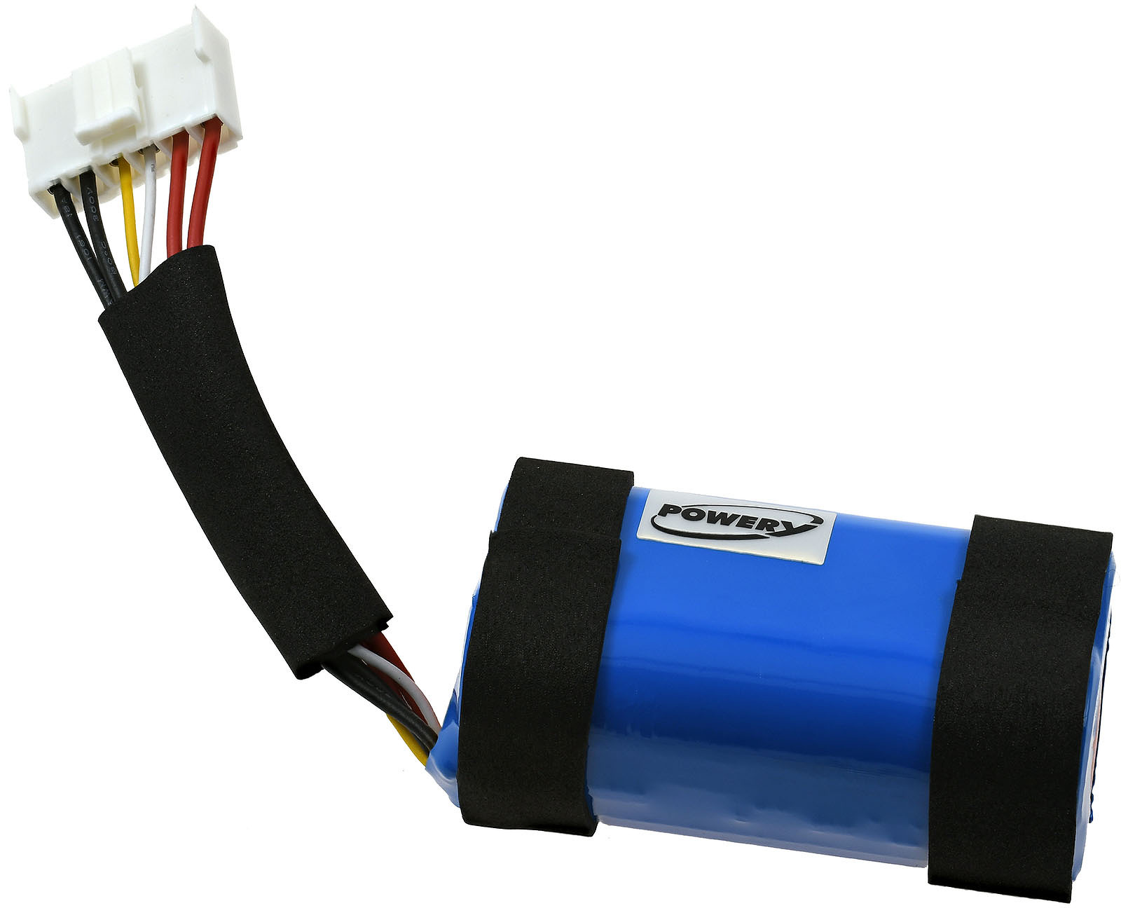 Blaue Batterie mit schwarzen Schaumstoffstreifen und einem Stecker mit farbigen Drähten.