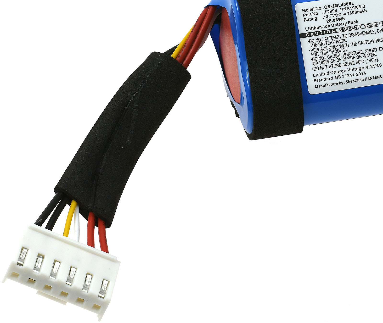 Ein Akku mit Drähten und einem Stecker, mit Text auf der Seite.