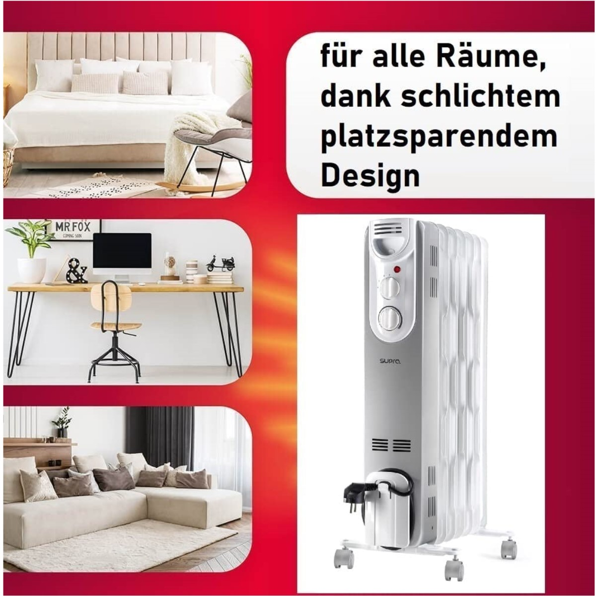 Weißer Heizlüfter mit Text und Bildern, die verschiedene Raumeinstellungen zeigen.