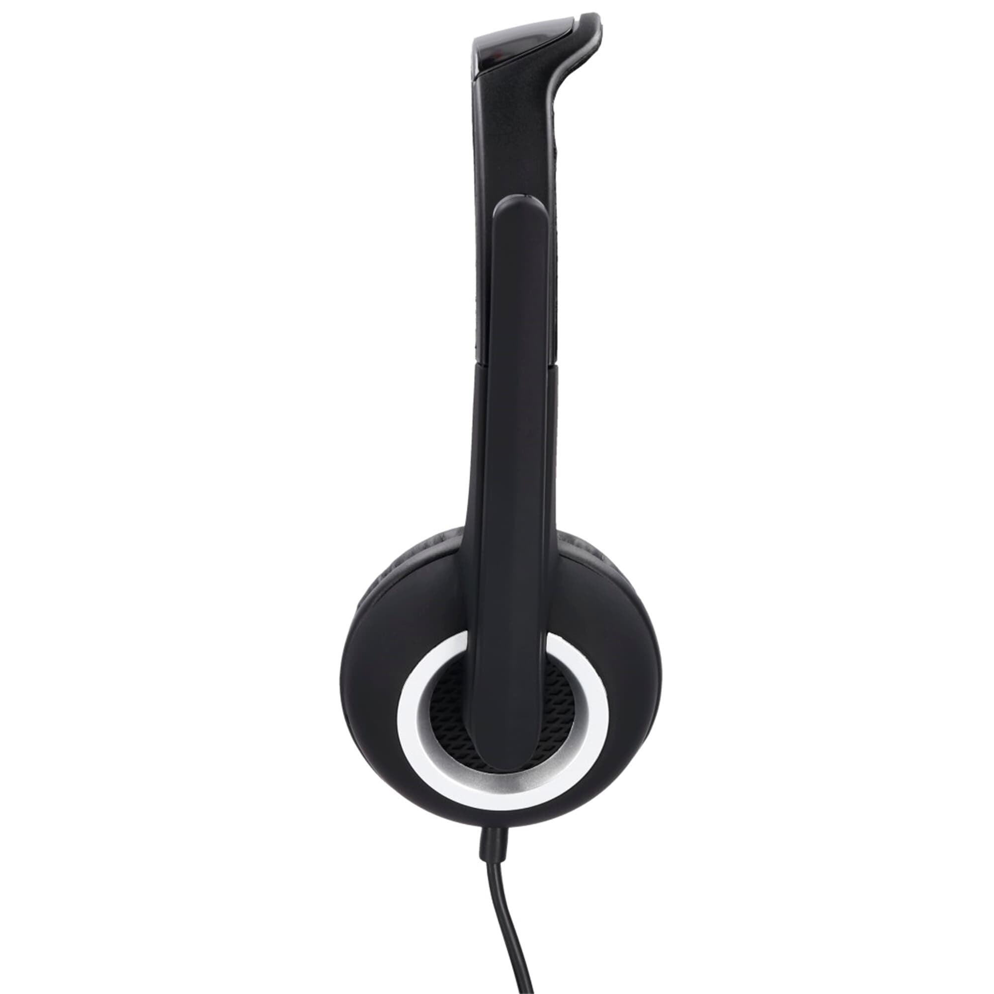 Ein schwarz-weißes Headset. Die Kopfhörer sind rund und haben einen silbernen Ring um die Ohrmuscheln.