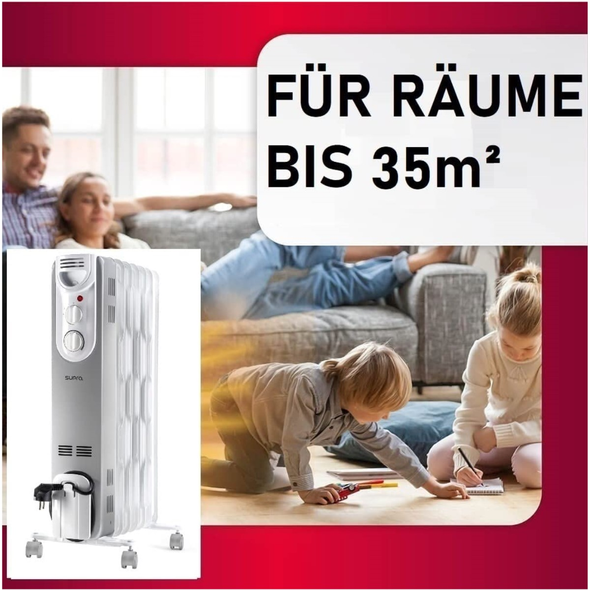 Ein elektrischer Heizlüfter vor einer Familie auf einem Sofa. Text: Für Räume bis 35m².