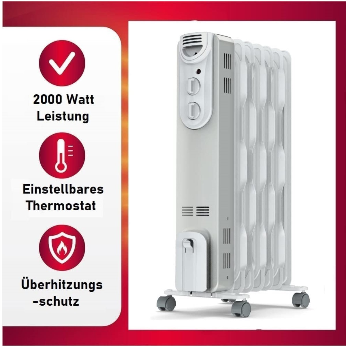 Ein elektrischer Heizkörper mit Text, der Funktionen anzeigt.