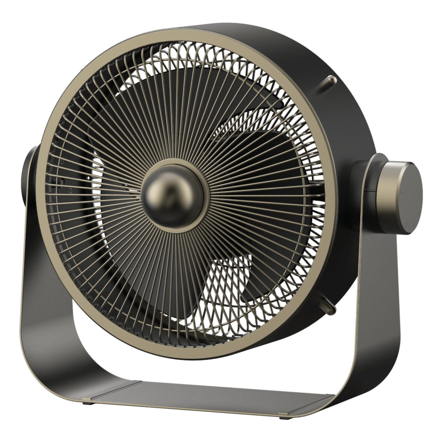 Schwarz-silberner Tischventilator mit kreisförmigem Design. Mit Schutzgitter und gebogenem Fuß.