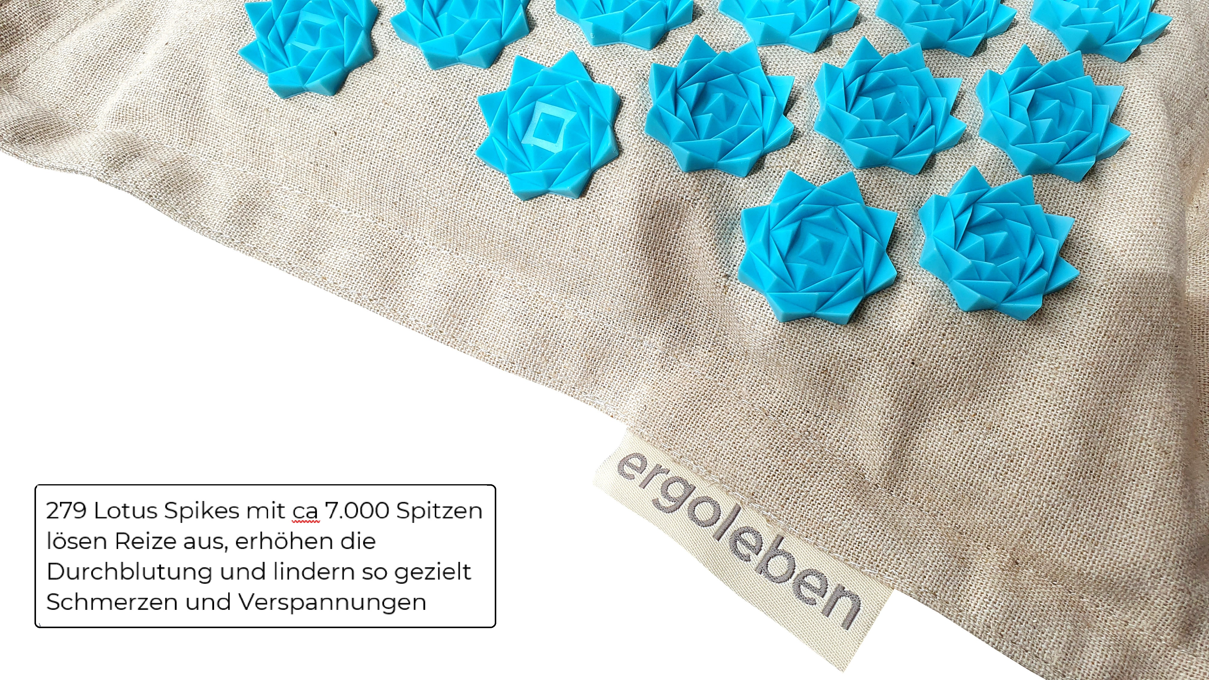 Beige Matte mit blauen Kunststoffspitzen. Text beschreibt die Spitzen. Weißer Hintergrund.