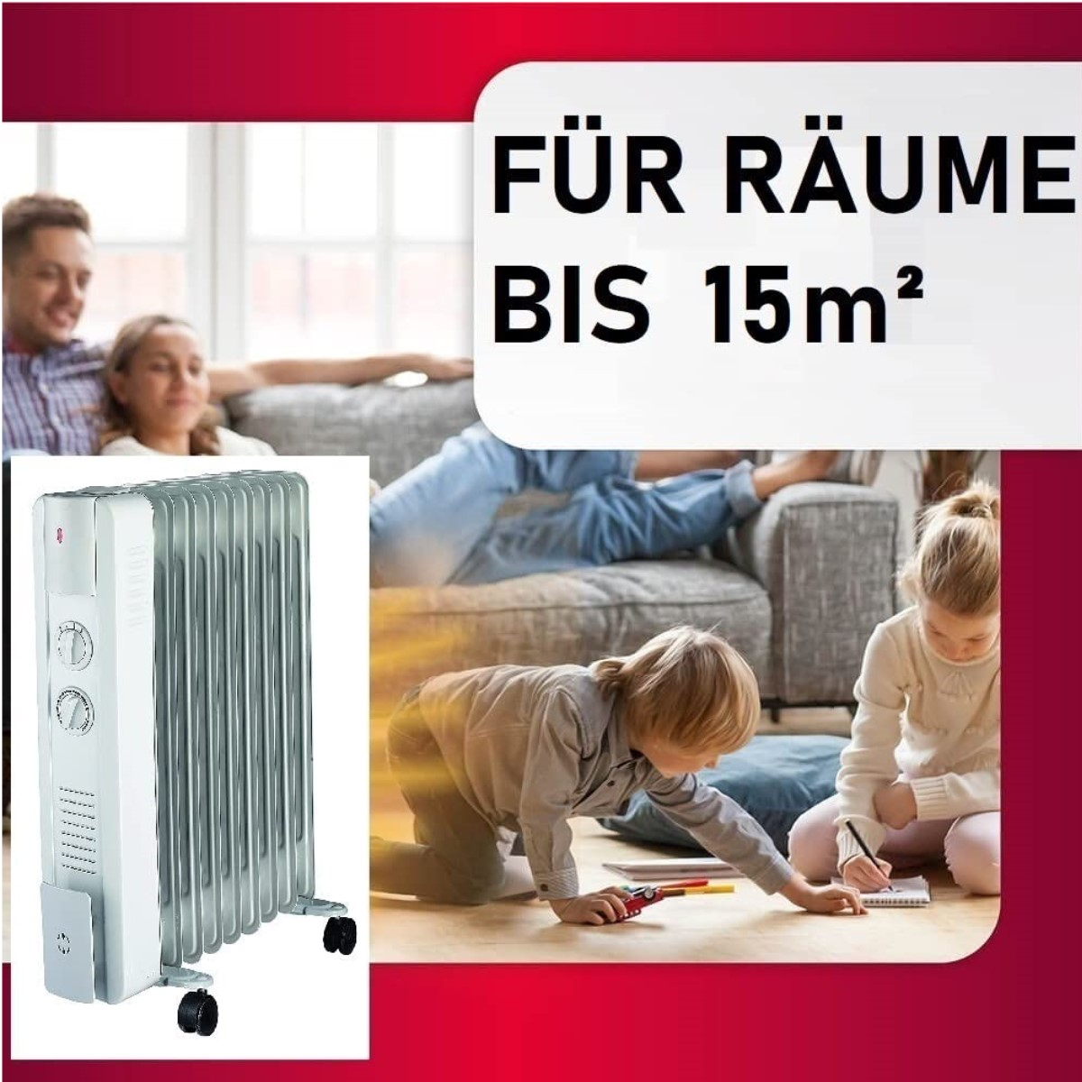 Heizung vor Menschen auf einem Sofa. Text: Für Räume bis 15m².