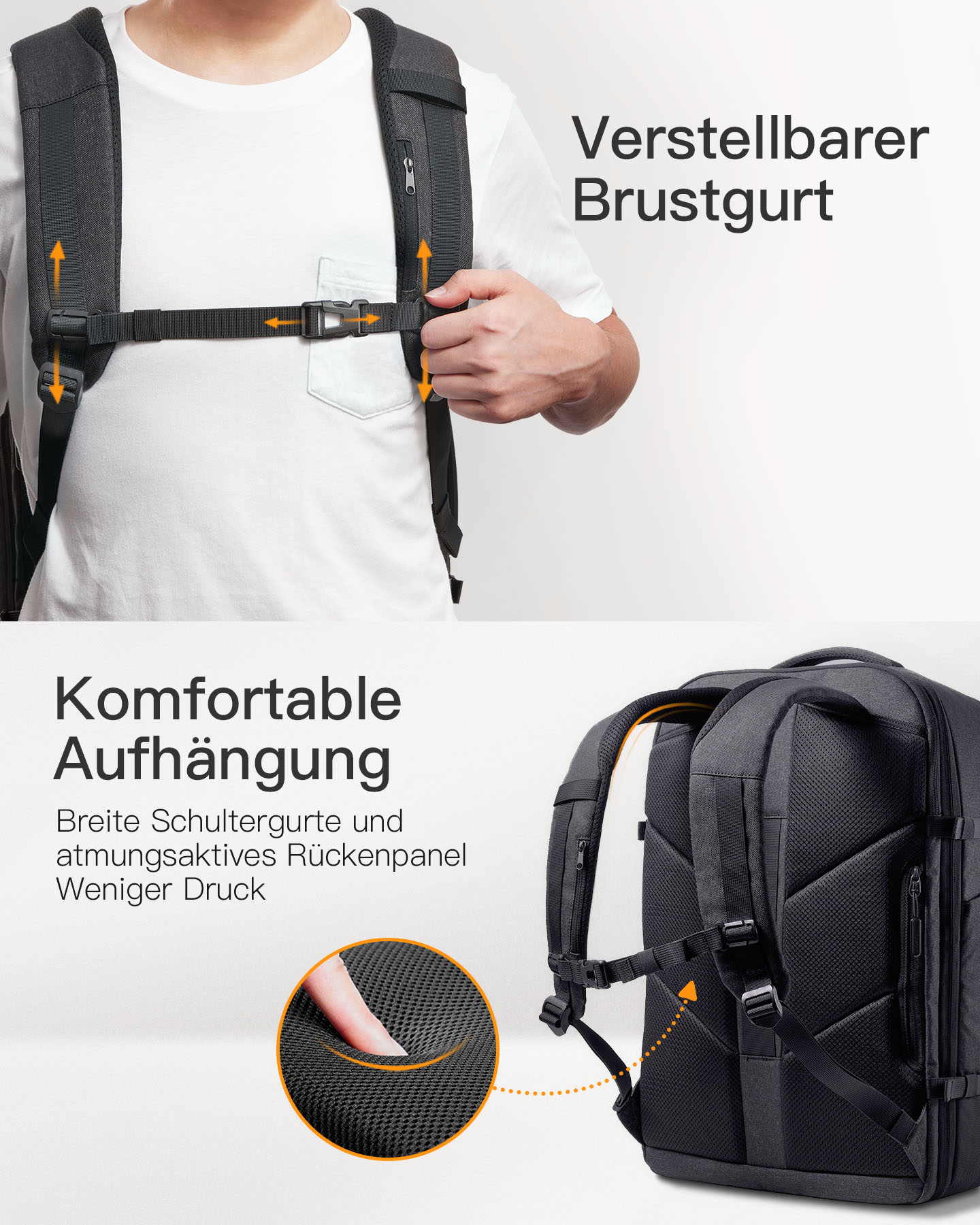 Rucksack mit verstellbarem Brustgurt und komfortabler Rückenstütze. Nahaufnahme der Rückwand.