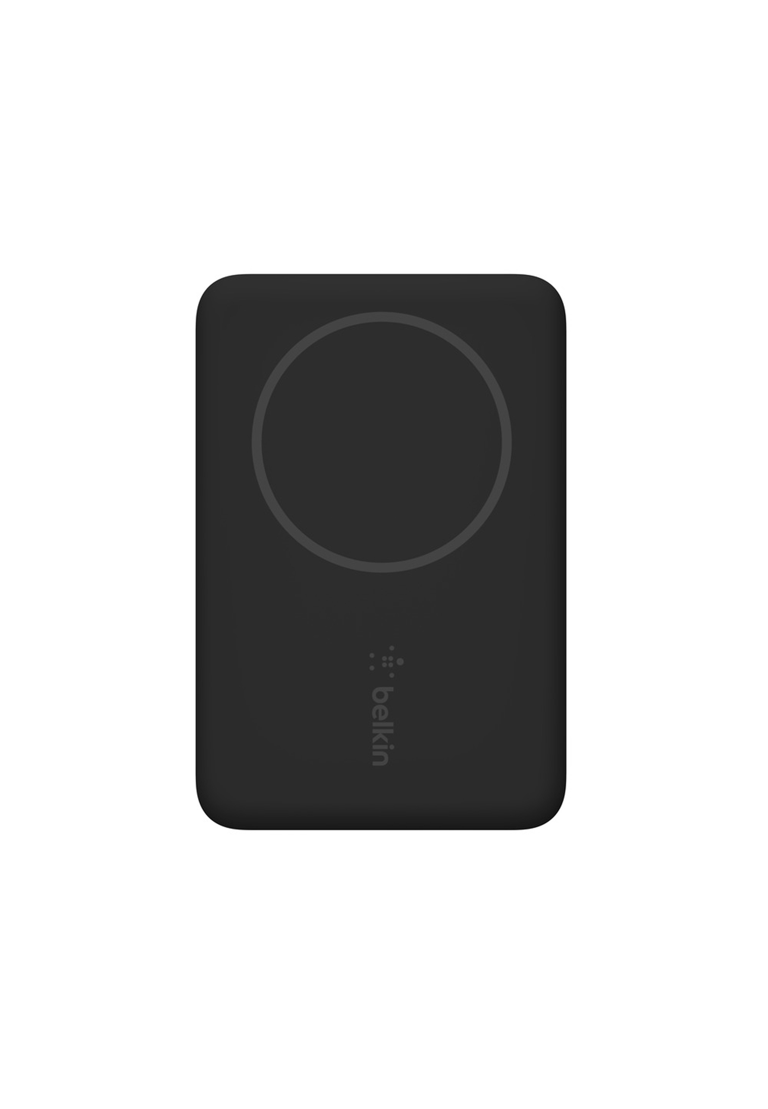 Caricabatterie wireless magnetico Belkin nero, vista dall'alto. Ha un'area di ricarica circolare grigia.