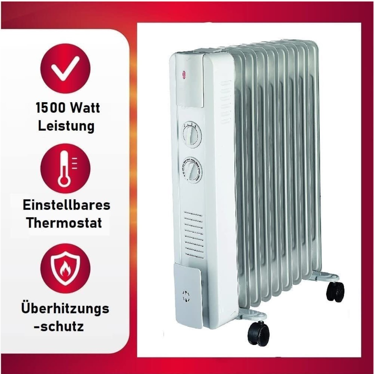 Weißer Ölradiator mit roten Symbolen für 1500 W, einstellbaren Thermostat und Überhitzungsschutz.