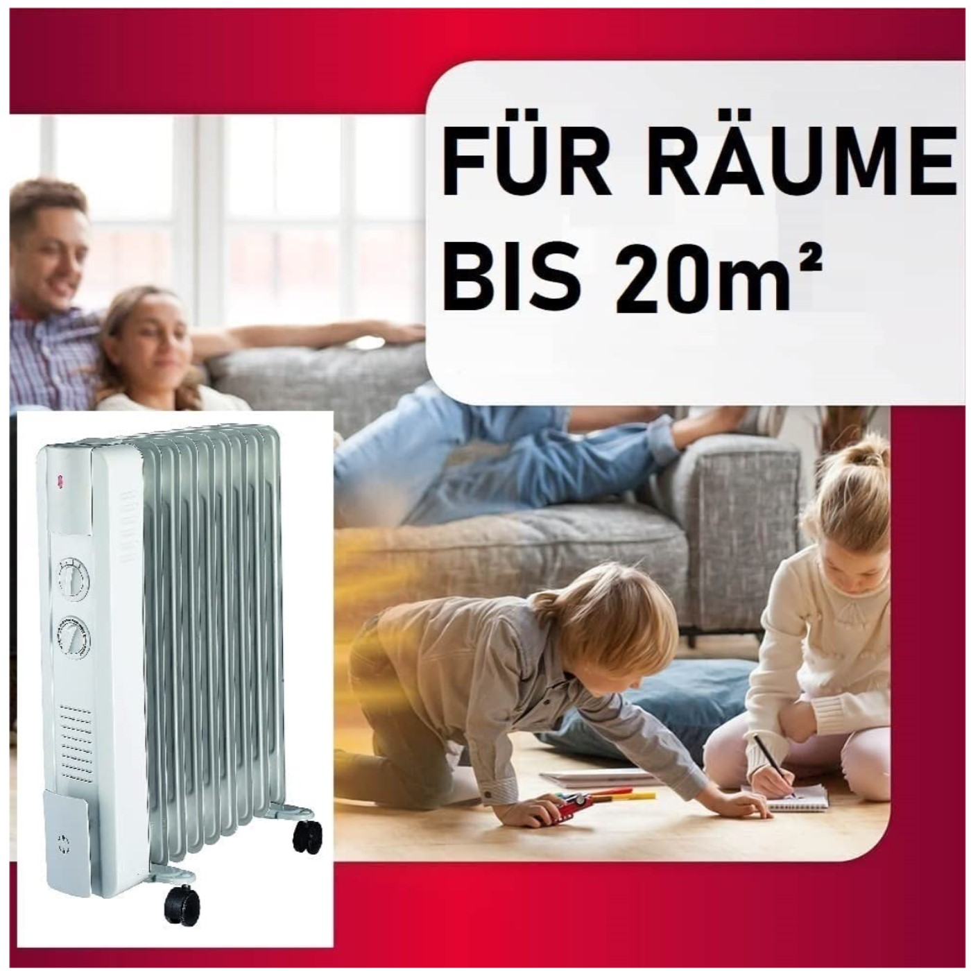 Heizung im Wohnzimmer. Familie auf dem Sofa, Kinder spielen. Text: 'FÜR RÄUME BIS 20m²'.