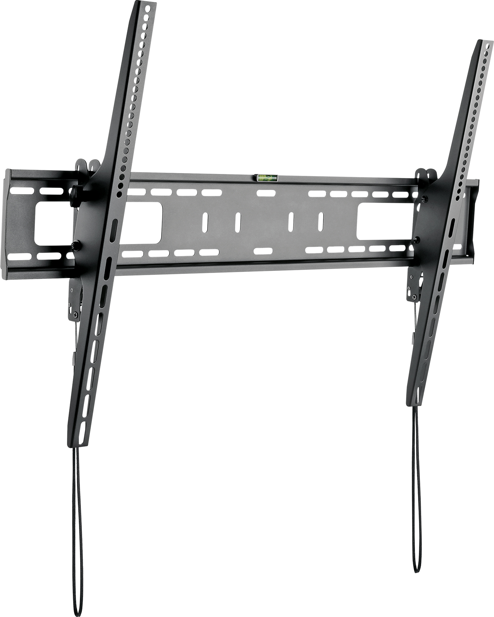 Schwarze TV-Wandhalterung mit verstellbaren Armen.