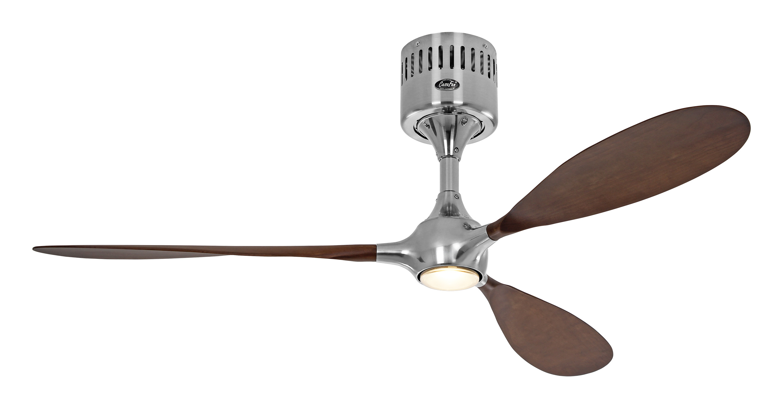 Ventilatore da soffitto con tre pale in legno e un alloggiamento motore argentato.