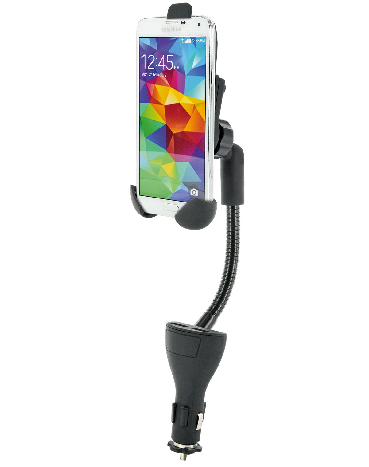 Smartphone in schwarzem Autotelefonhalter. Das Telefon zeigt ein farbenfrohes Bild.
