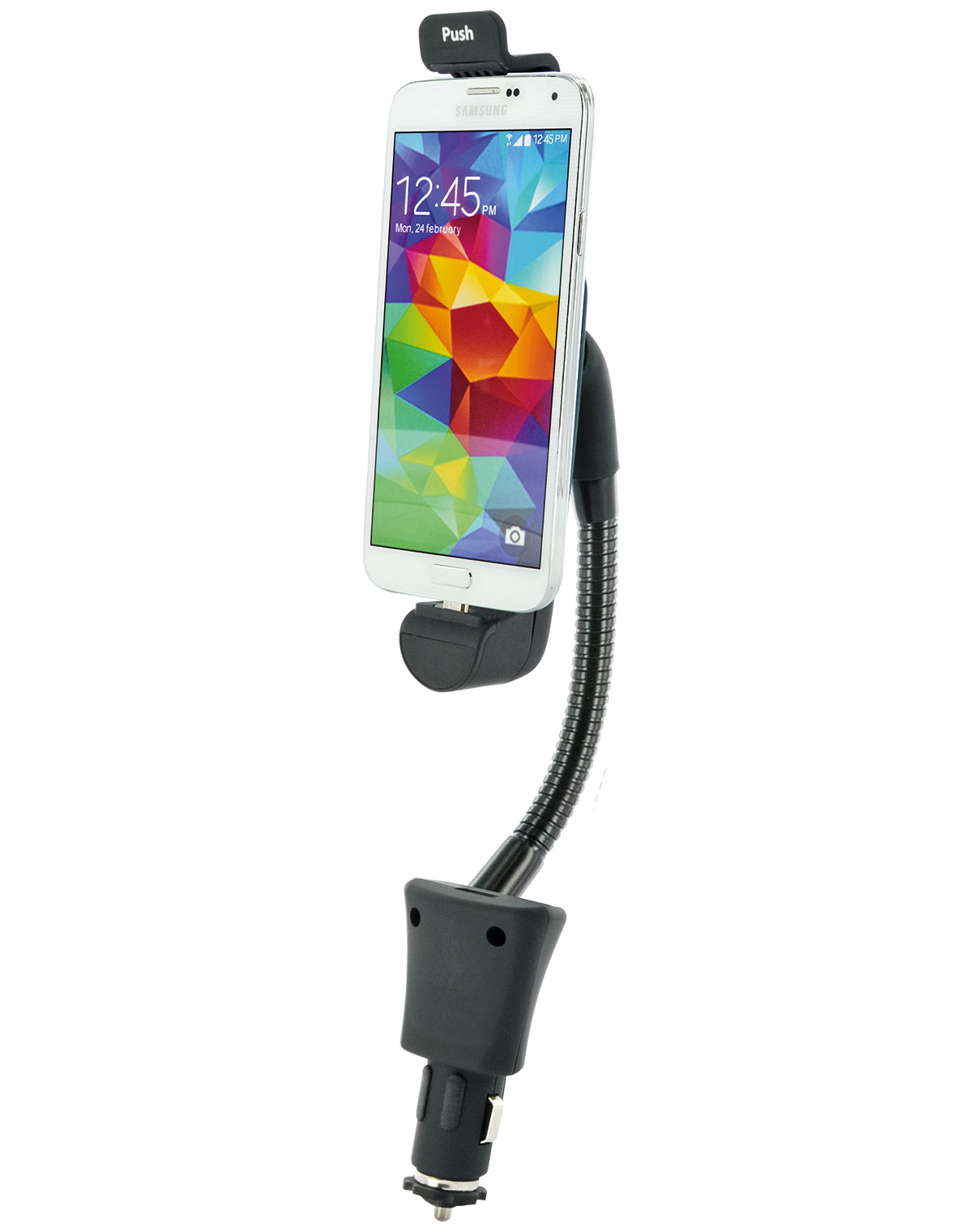 Ein schwarzer Autotelefonhalter mit montiertem Smartphone. Er ist flexibel und hat einen Ladeanschluss.