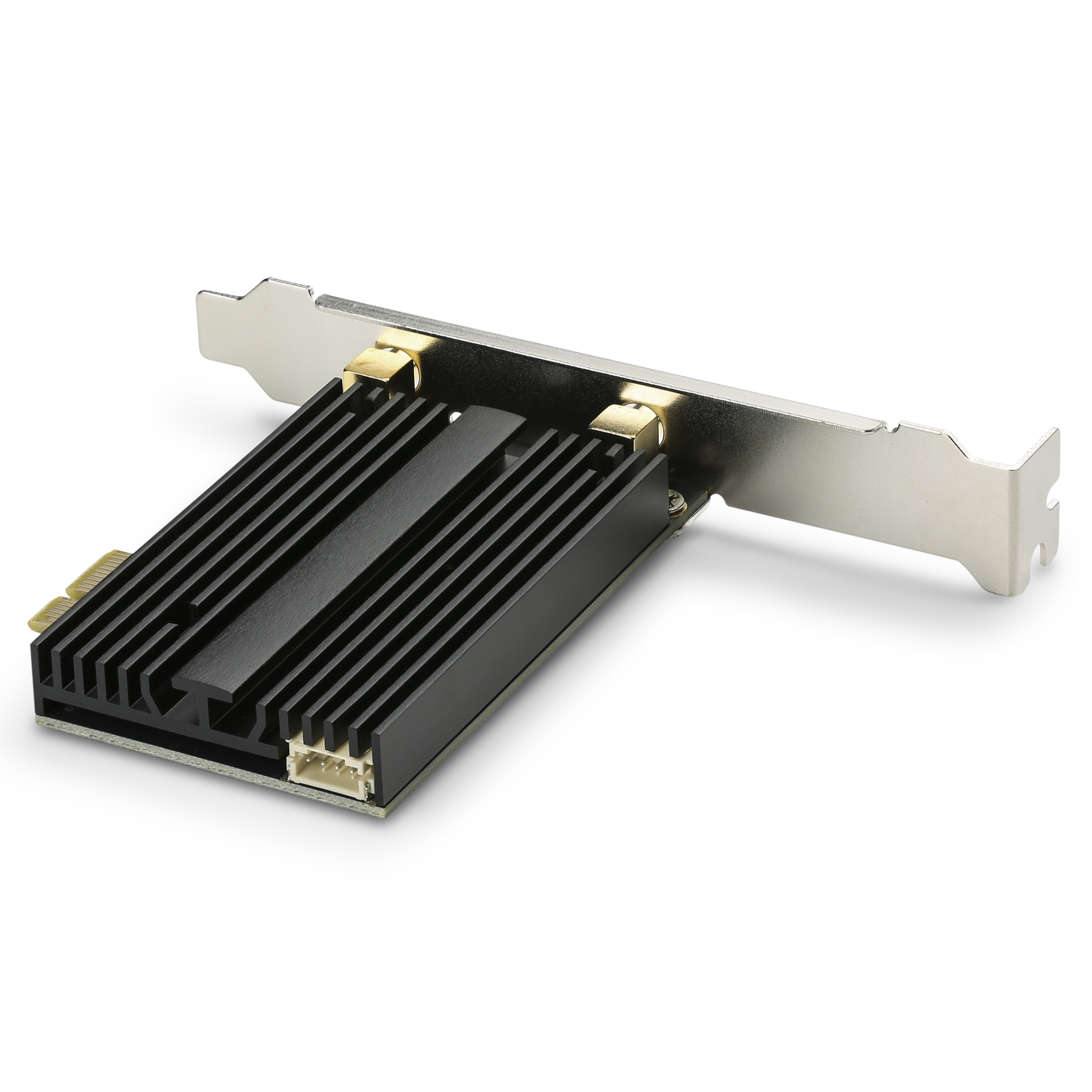 Computerkomponente mit schwarzem Kühlkörper und goldenen Anschlüssen. Metallhalterung.