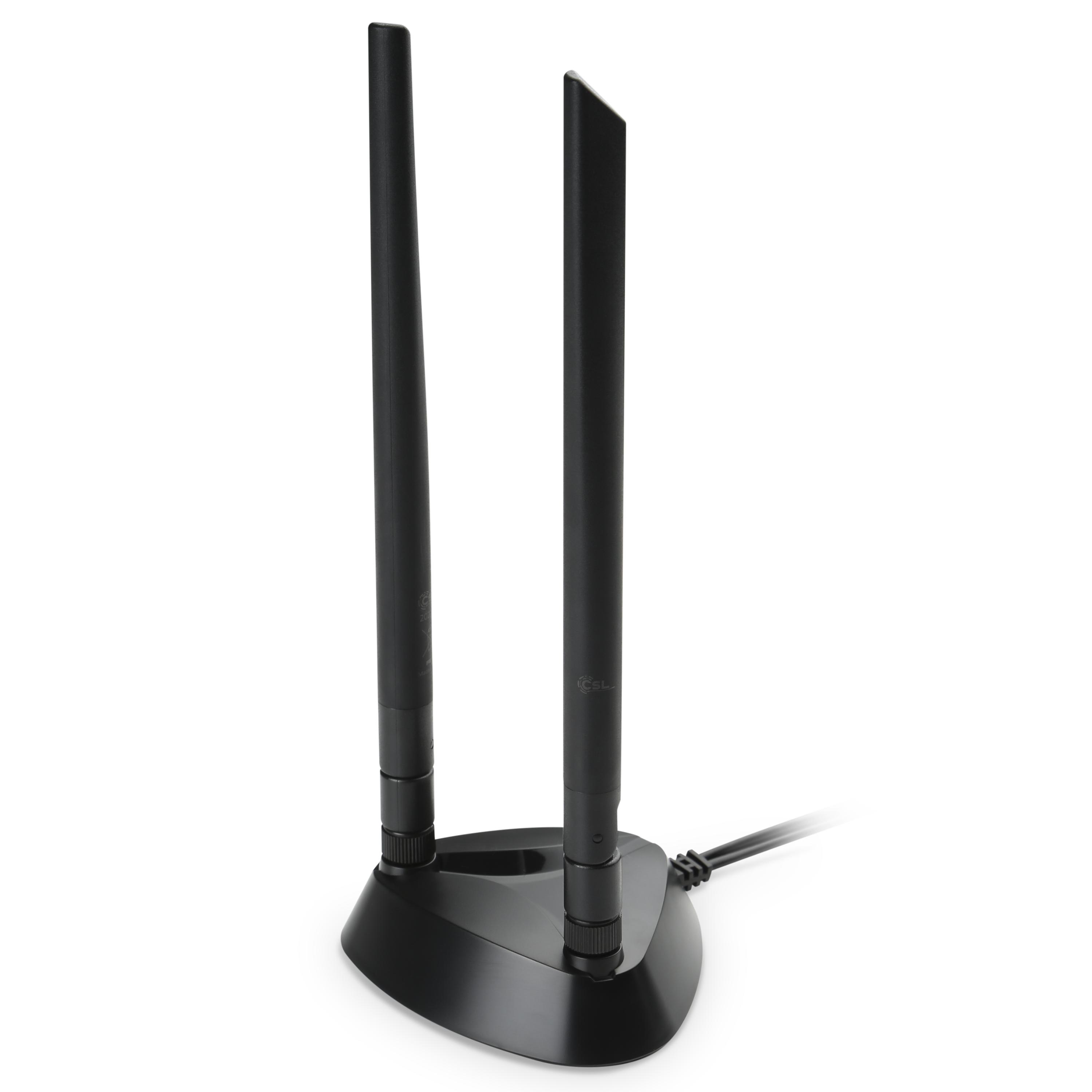 Schwarze WLAN-Antennenbasis mit zwei vertikalen schwarzen Antennen, isoliert auf schwarzem Hintergrund.