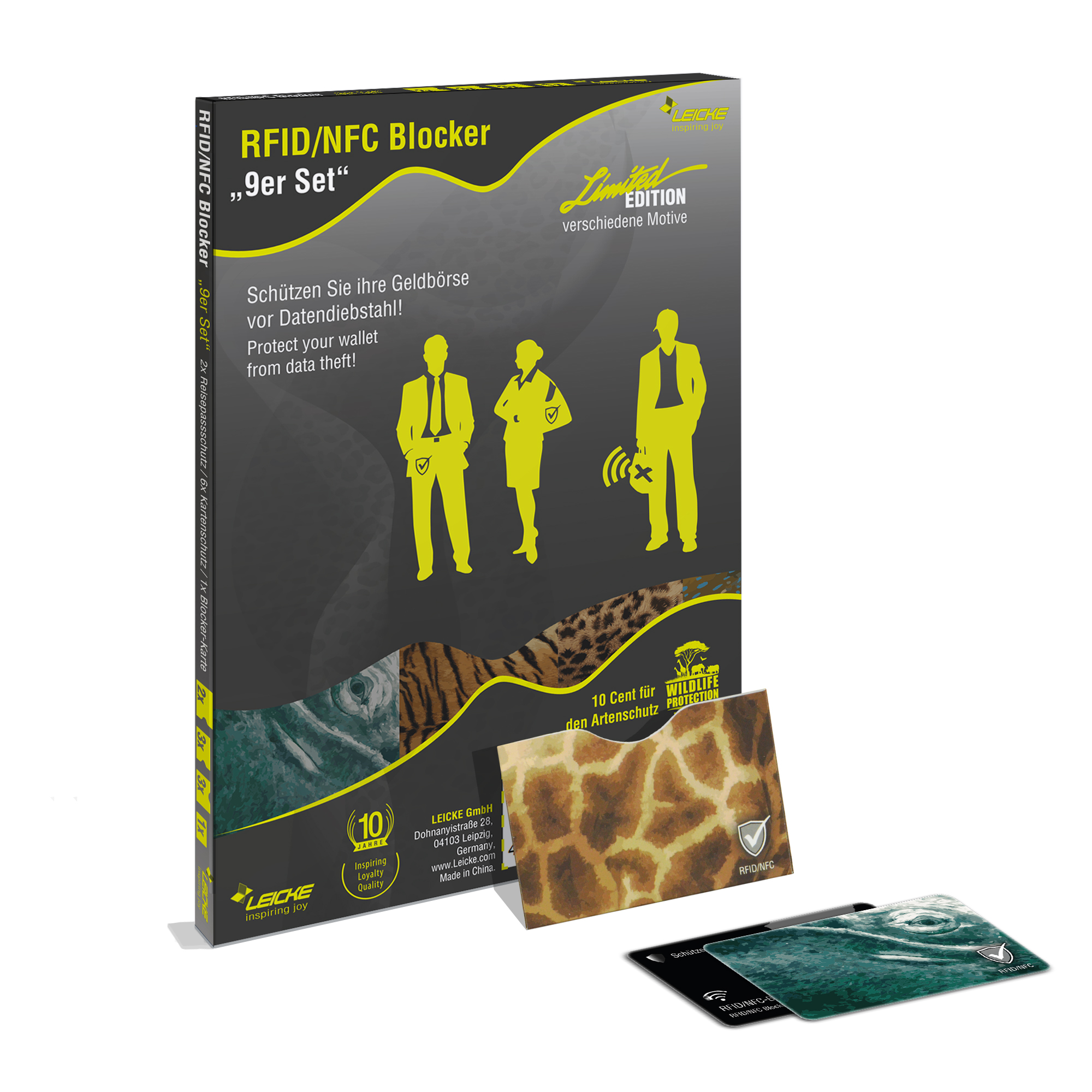 RFID/NFC Blocker-Set mit Karten und Verpackung. Die Verpackung hat Bilder und Text. Weißer Hintergrund.