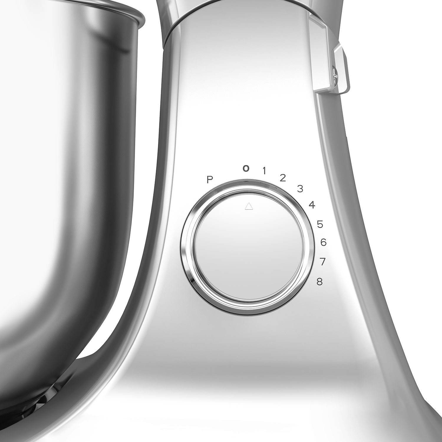 Electrodoméstico de cocina plateado, primer plano de un dial con números y una perilla. Fondo blanco.