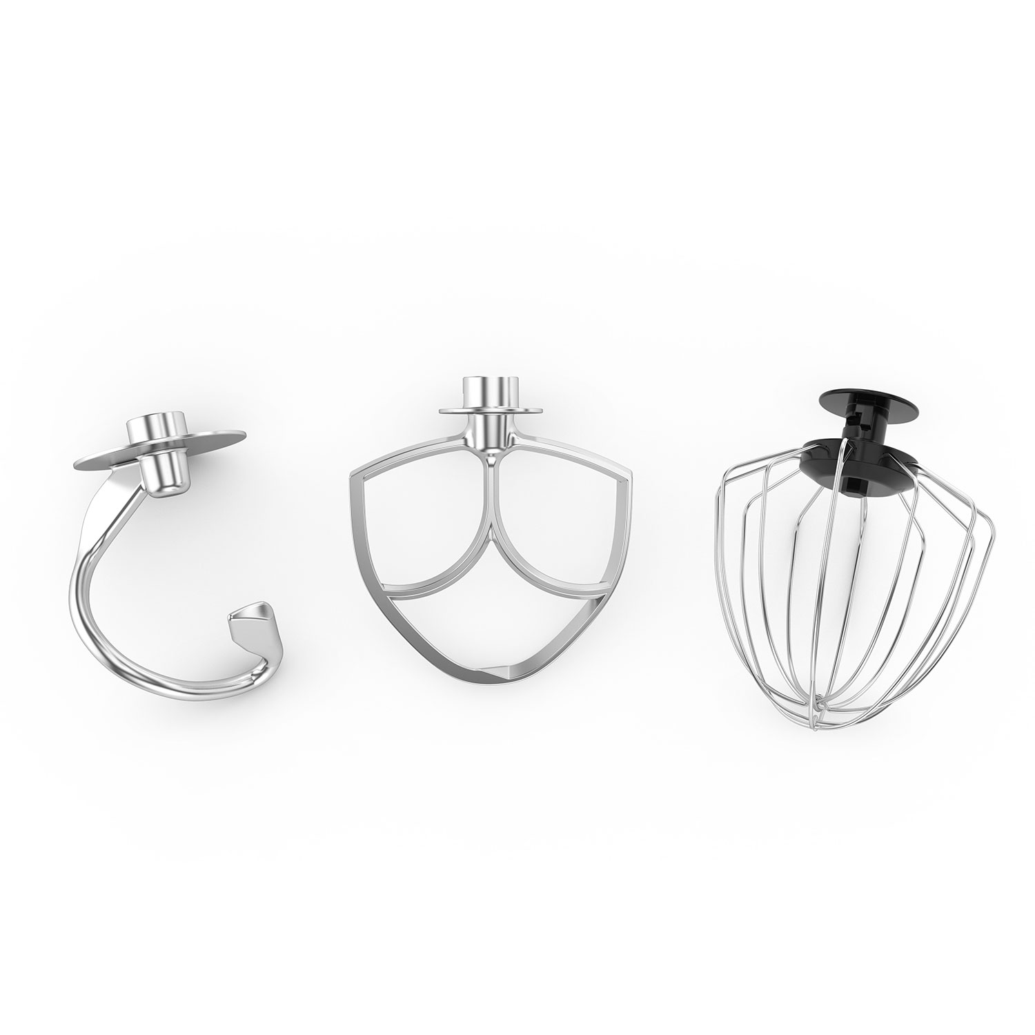 Tres accesorios de mezclador plateados: un gancho para masa, una batidora y un batidor.