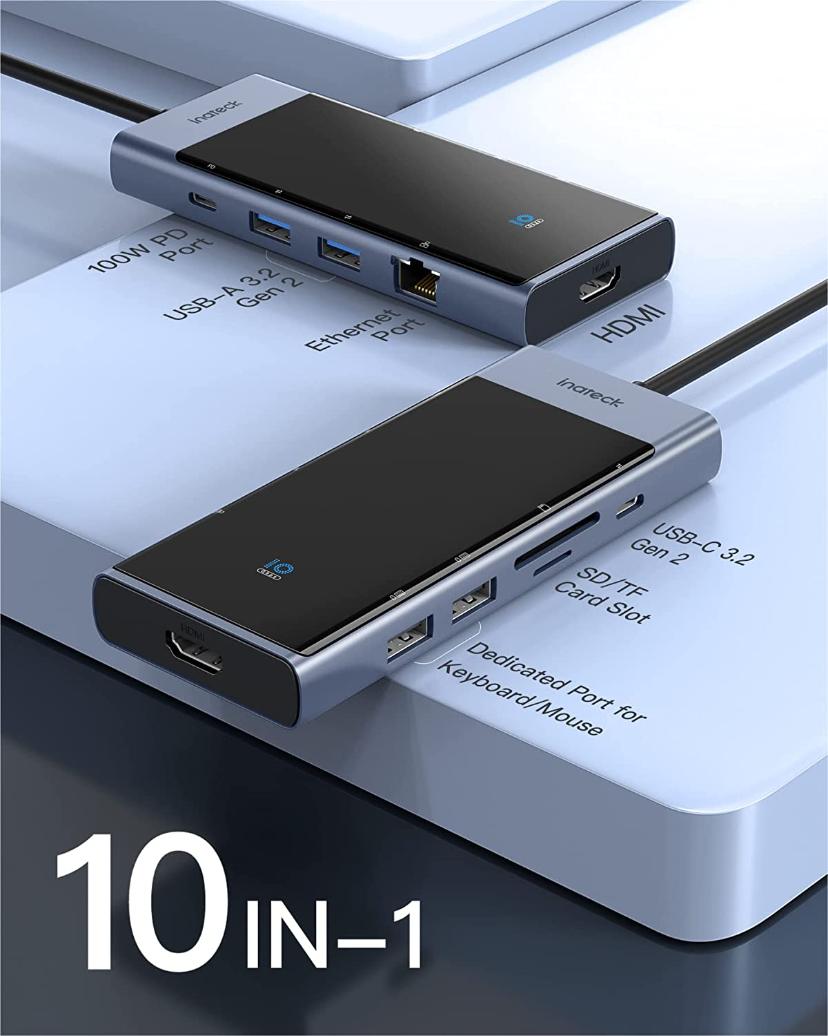 INATECK C Hub, USB 10 Gen Hub mit Kabel, USB Geschwindigkeit, 50 cm grau Anschlüssen, 2 3.2